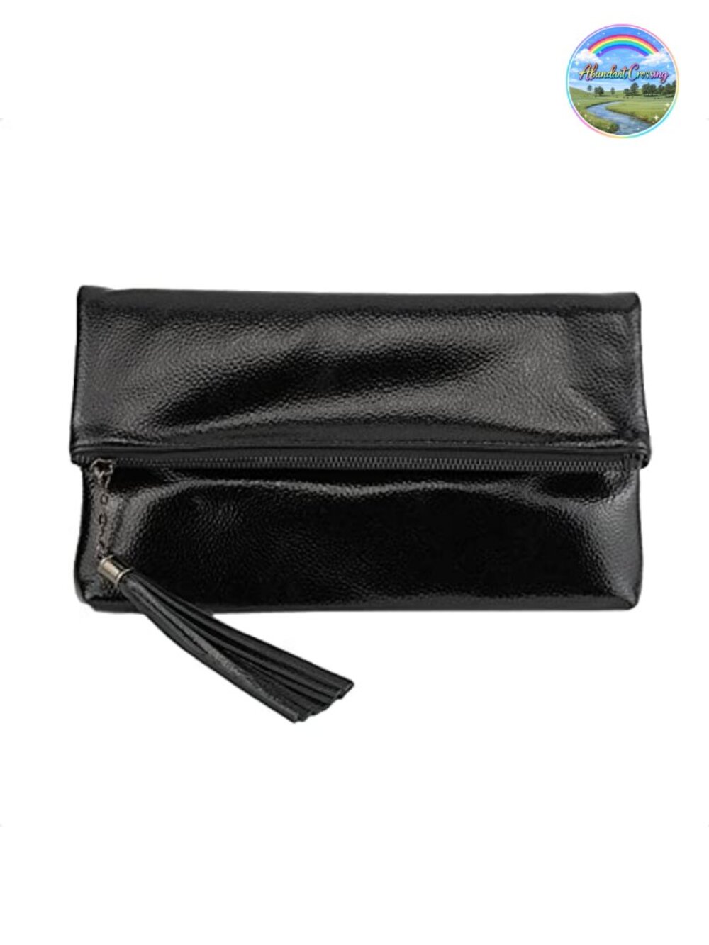 Cracked Metallic Fabric Foldover Clutch with Tassel & Chain